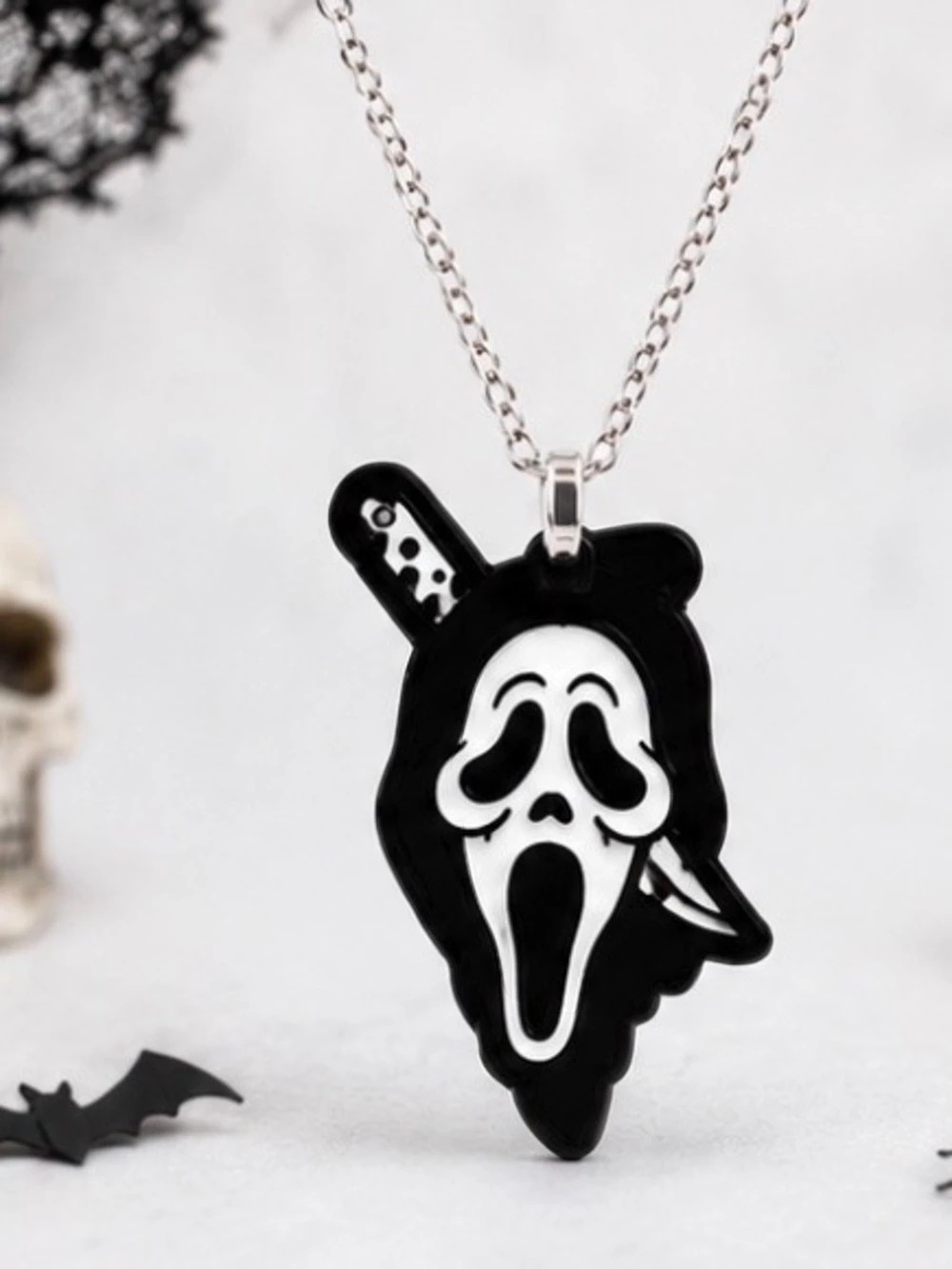 Ghost Face Pendant Necklace in Black & White Like New
